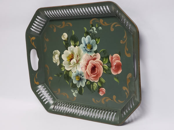 Mid Century Americana Tole Tray - Green with Floral - Octagon Reticulated Edge