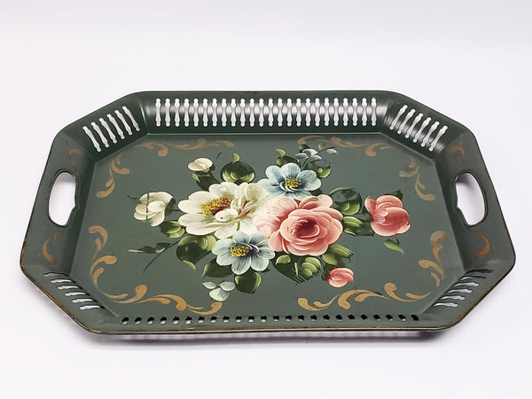 Mid Century Americana Tole Tray - Green with Floral - Octagon Reticulated Edge