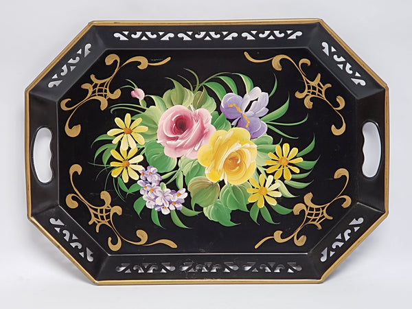 Hand Painted Octagon Tole Tray - Black and Floral -  Reticulated Edge c. 1950's - 1960's 