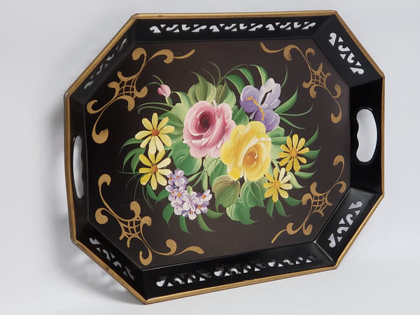 Hand Painted Octagon Tole Tray - Black and Floral -  Reticulated Edge c. 1950's - 1960's
