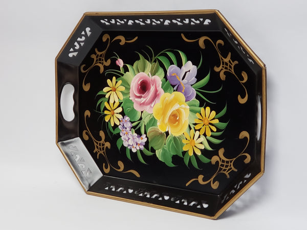 Hand Painted Octagon Tole Tray - Black and Floral -  Reticulated Edge c. 1950's - 1960's