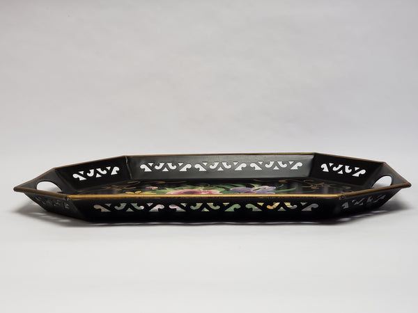 Hand Painted Octagon Tole Tray - Black and Floral -  Reticulated Edge c. 1950's - 1960's