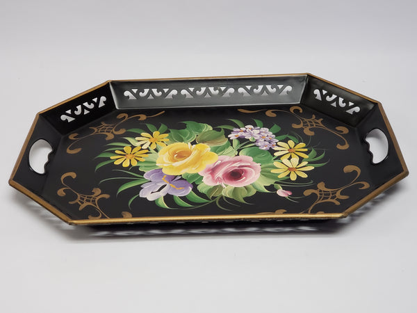 Hand Painted Octagon Tole Tray - Black and Floral -  Reticulated Edge c. 1950's - 1960's