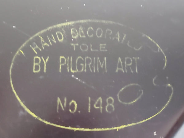 Hand Painted Octagon Tole Tray - Black and Floral -  Reticulated Edge c. 1950's - 1960's