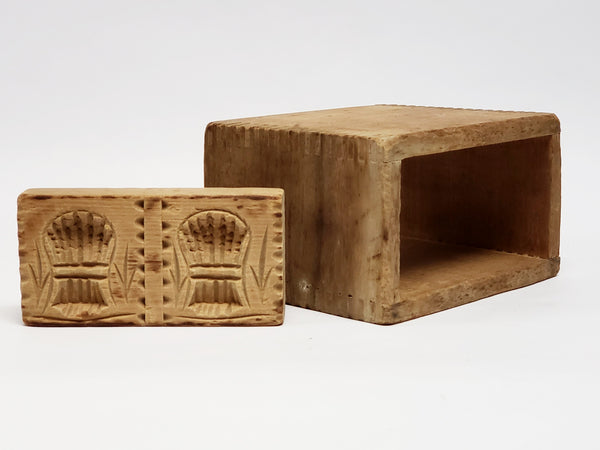 Carved Wood Block Butter Mold And Dovetail Box - Sheaves of Wheat