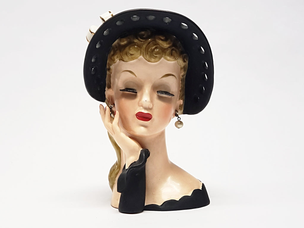 Vintage NAPCO Lady Head Vase Dressed in Black - 1959 C348B