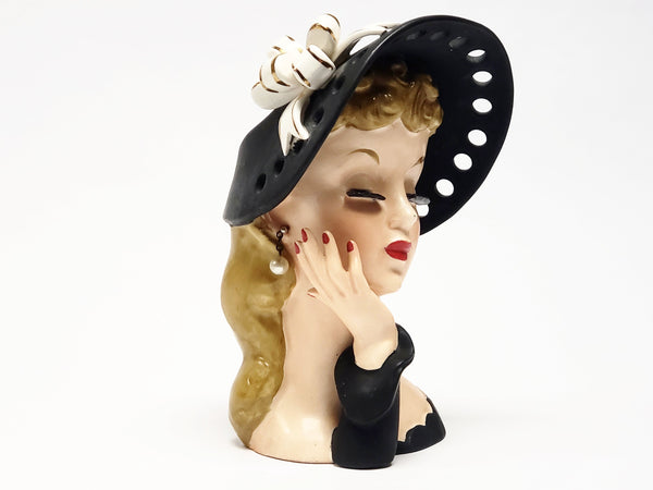 Vintage NAPCO Lady Head Vase Dressed in Black - 1959 C348B