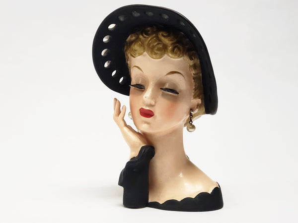 Vintage NAPCO Lady Head Vase Dressed in Black - 1959 C348B