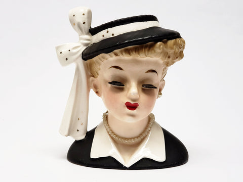 Vintage NAPCO Lady Head Vase Dressed in Black C2633C -  1956