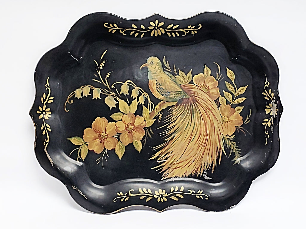 Large Elegant Hand-Painted Tray Graceful Bird Wispy Tail & Floral 24 3/4" Long
