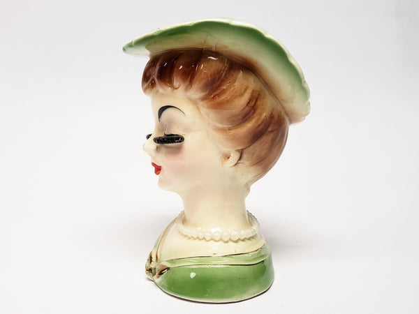 Lady Head Vase in Green with Brimmed Hat and Necklace