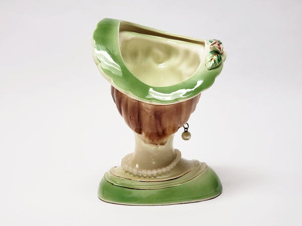 Lady Head Vase in Green with Brimmed Hat and Necklace