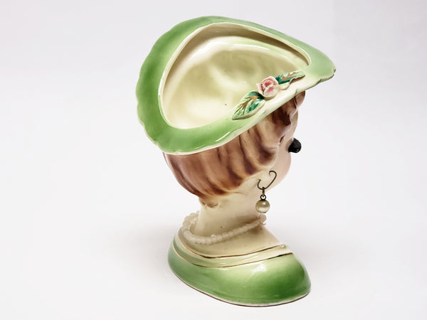 Lady Head Vase in Green with Brimmed Hat and Necklace