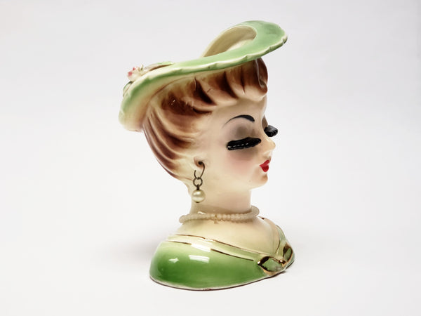 Lady Head Vase in Green with Brimmed Hat and Necklace