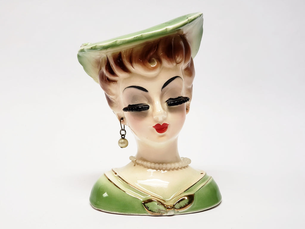 Lady Head Vase in Green with Brimmed Hat and Necklace Japan
