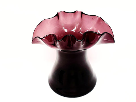 Amethyst Hand Blown Art Glass Vase With Wide Ruffled Lip