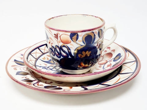 Early Gaudy Welsh Oyster Pattern Tea Cup, Saucer and Small Plate 
