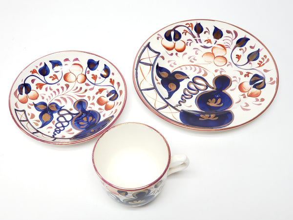 Early Gaudy Welsh Oyster Pattern Tea Cup, Saucer and Small Plate