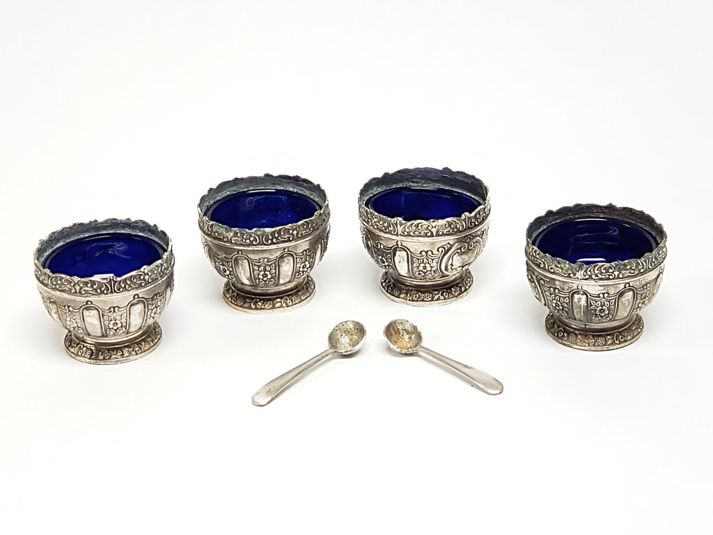 Antique Japanese Art Nouveau Open Salt Cellars w/ Cobalt Blue Glass Inserts & Two Spoons