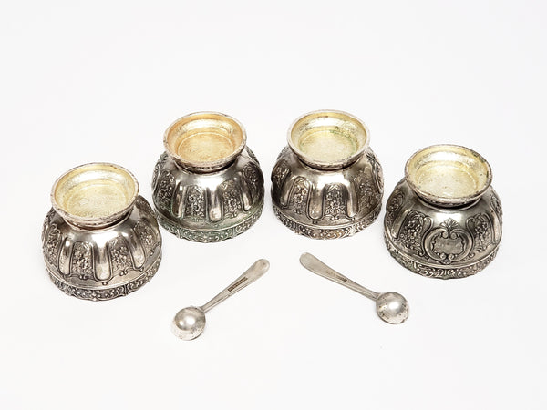 Antique Japanese Art Nouveau Open Salt Cellars w/ Cobalt Blue Glass Liners & Two Spoons