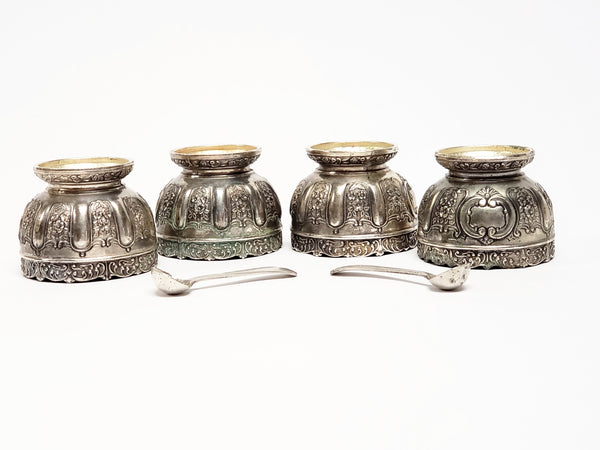 Antique Japanese Art Nouveau Open Salt Cellars w/ Cobalt Blue Glass Liners & Two Spoons