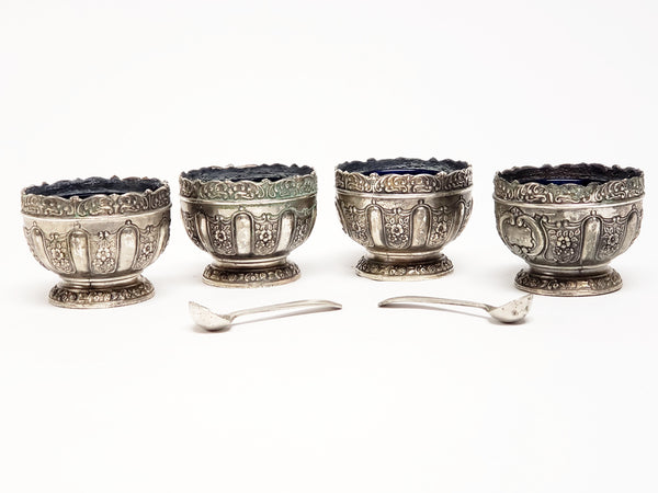 Antique Japanese Art Nouveau Open Salt Cellars w/ Cobalt Blue Glass Liners & Two Spoons