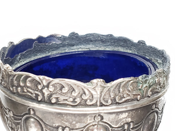 Antique Japanese Art Nouveau Open Salt Cellars w/ Cobalt Blue Glass Liners & Two Spoons