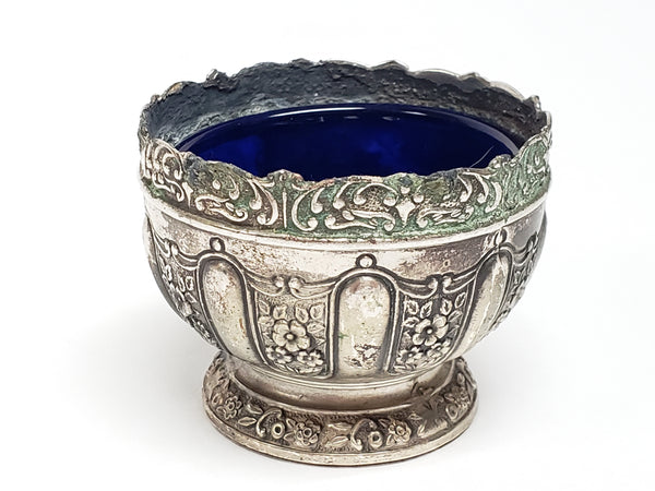 Antique Japanese Art Nouveau Open Salt Cellars w/ Cobalt Blue Glass Liners & Two Spoons