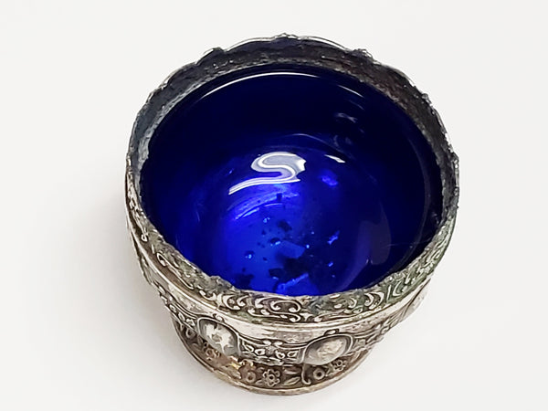 Antique Japanese Art Nouveau Open Salt Cellars w/ Cobalt Blue Glass Liners & Two Spoons
