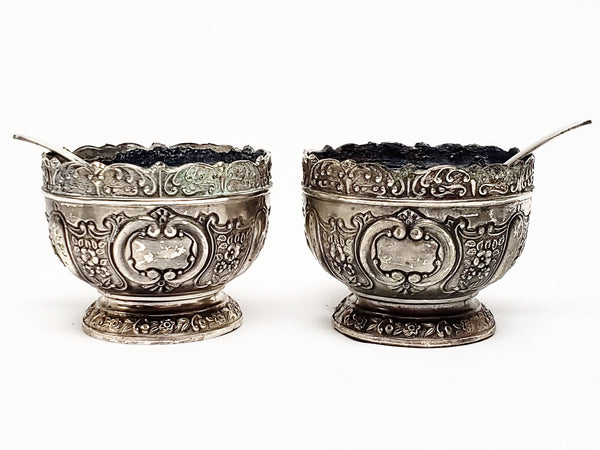 Antique Japanese Art Nouveau Open Salt Cellars w/ Cobalt Blue Glass Liners & Two Spoons