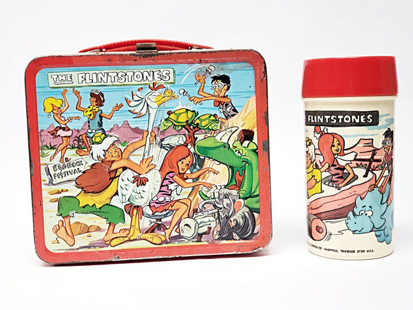 Vintage 1971 "The Flintstones" Metal Lunch Box and Matching Thermos By Aladdin