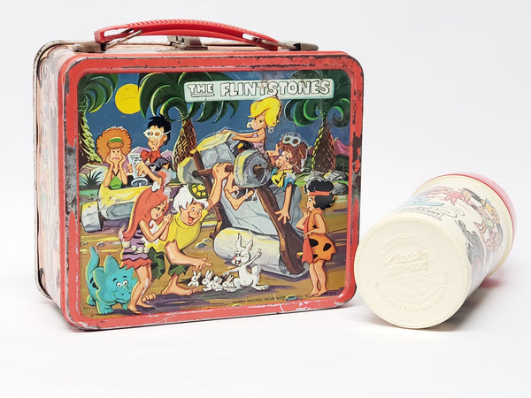 Vintage 1971 "The Flintstones" Metal Lunch Box With Matching Thermos By Aladdin