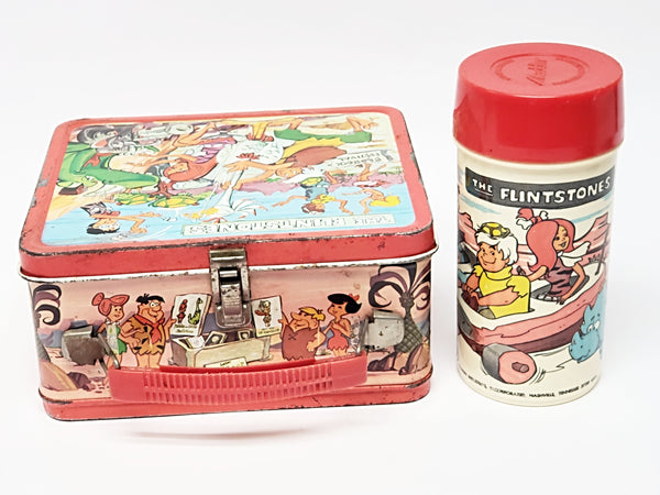 Vintage 1971 "The Flintstones" Metal Lunch Box With Matching Thermos By Aladdin