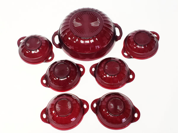 Royal Ruby Red 7 Piece Glass Berry Bowl Serving Set "Cornation" by Anchor Hocking c 1939-1940