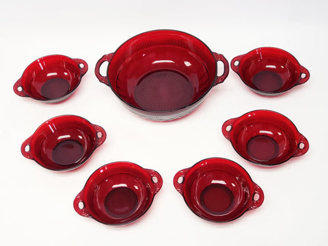 Royal Ruby Red 7 Piece Glass Berry Bowl Serving Set Cornation by Anchor Hocking 