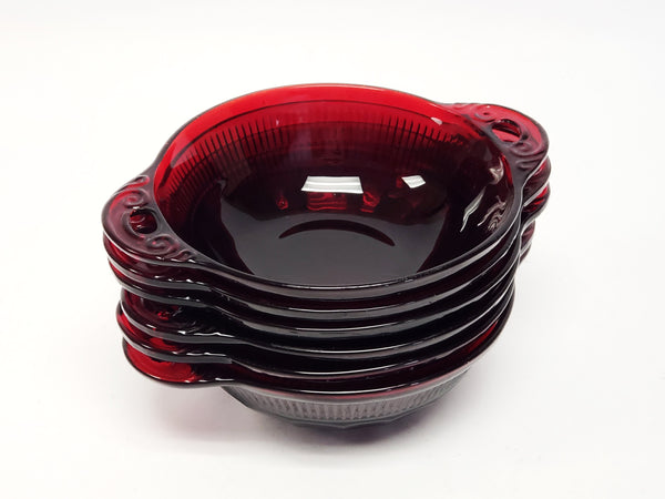 Royal Ruby Red 7 Piece Glass Berry Bowl Serving Set "Cornation" by Anchor Hocking c 1939-1940
