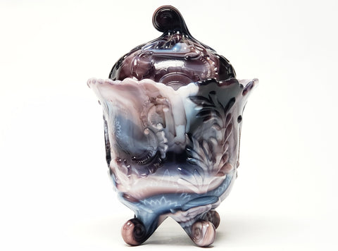 Purple Slag Glass Footed Candy Jar by Imperial Glass Company, Winged Scrolled 176