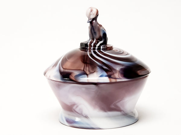Purple Slag Glass Covered Dish with Duck Finial by Imperial Glass Company - Mid-Century