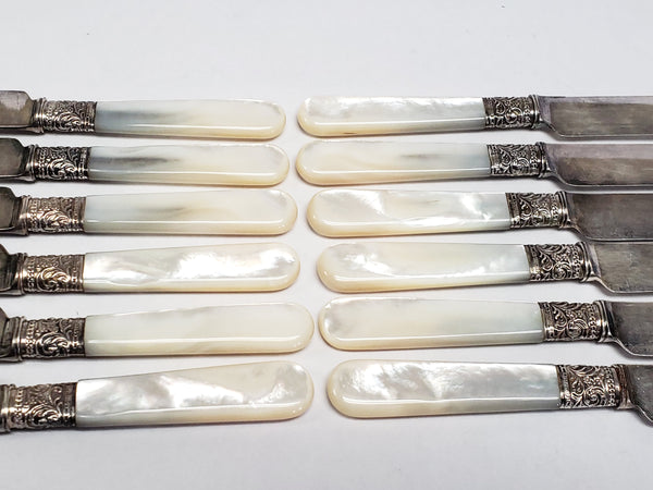 Mother-of-Pearl & Sterling Silver Banded Luncheon Knives Set of 12 By S. Kind & Sons - Early 1900's