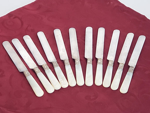 Mother-of-Pearl & Sterling Silver Banded Luncheon Knives Set of 12 By S. Kind & Sons - Early 1900's