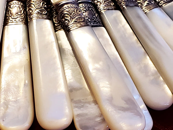 Mother-of-Pearl & Sterling Silver Banded Luncheon Knives Set of 12 By S. Kind & Sons - Early 1900's