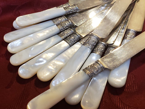 Mother-of-Pearl Handled & Sterling Silver Banded Luncheon Knives Set of 12 By S. Kind & Sons Early 1900's