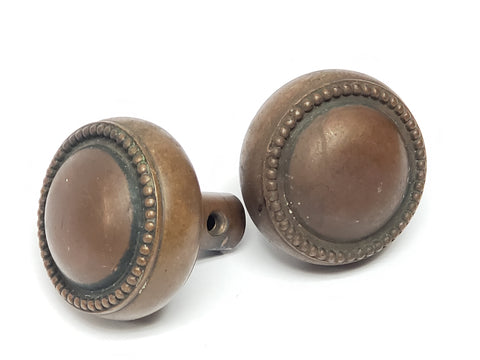 Pair of Antique Round Beaded Door Knobs - Brass-Bronze Finish