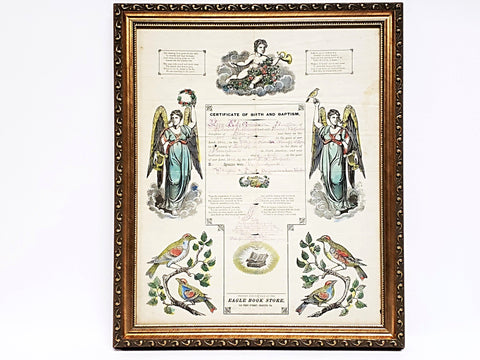 Large 1880 Framed Pennsylvania Fraktur Birth & Baptism Certificate "Griefemer" Lehigh, PA