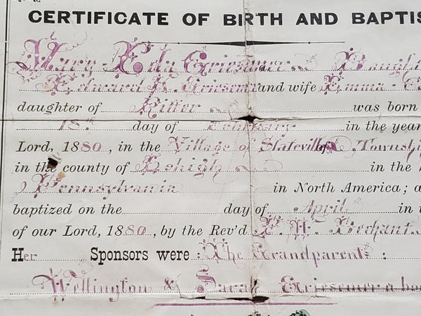 Large 1880 Framed Pennsylvania Fraktur Birth & Baptism Certificate Lehigh, PA c. 1880