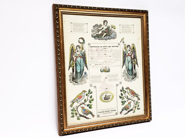 Large 1880 Framed Pennsylvania Fraktur Birth & Baptism Certificate Lehigh, PA c. 1880
