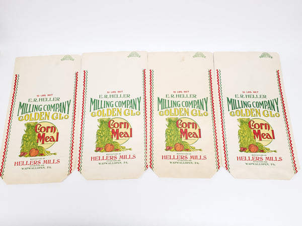 Vintage Corn Meal Advertising Sack Bags - Golden Glo Heller Milling - Lot of 4