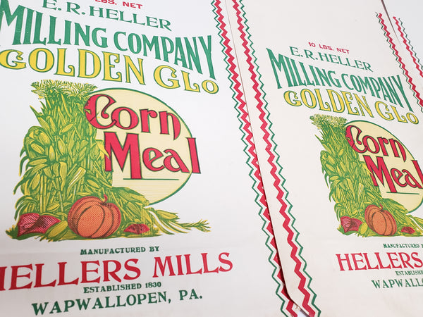 Vintage Corn Meal Advertising Sack Bags - Golden Glo Heller Milling - Lot of 4