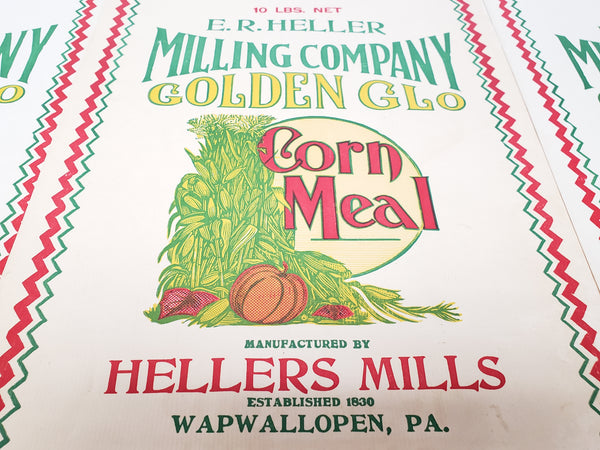 Vintage Corn Meal Advertising Sack Bags - Golden Glo Heller Milling - Lot of 4