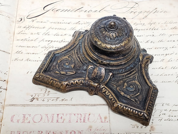 Art Deco Brass Inkwell With Porcelain Insert Cup